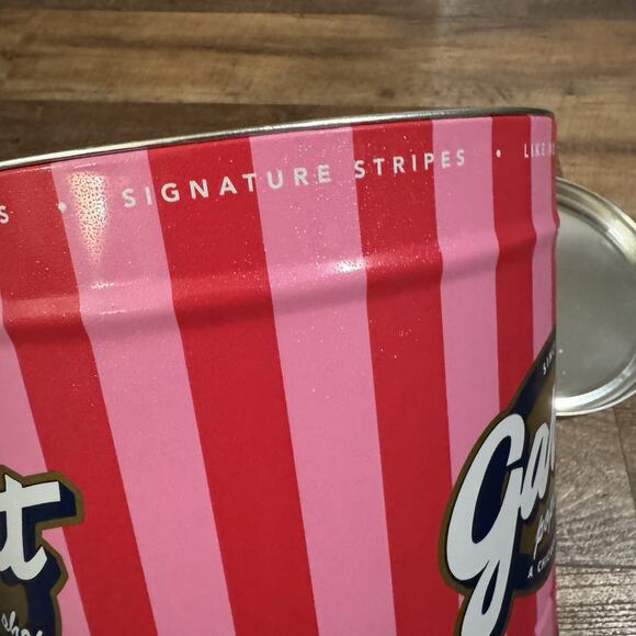 Garrett Popcorn Shops Tin Empty Pink Stripes 7" Tall 9" Diameter Chicago - Picture 11 of 13